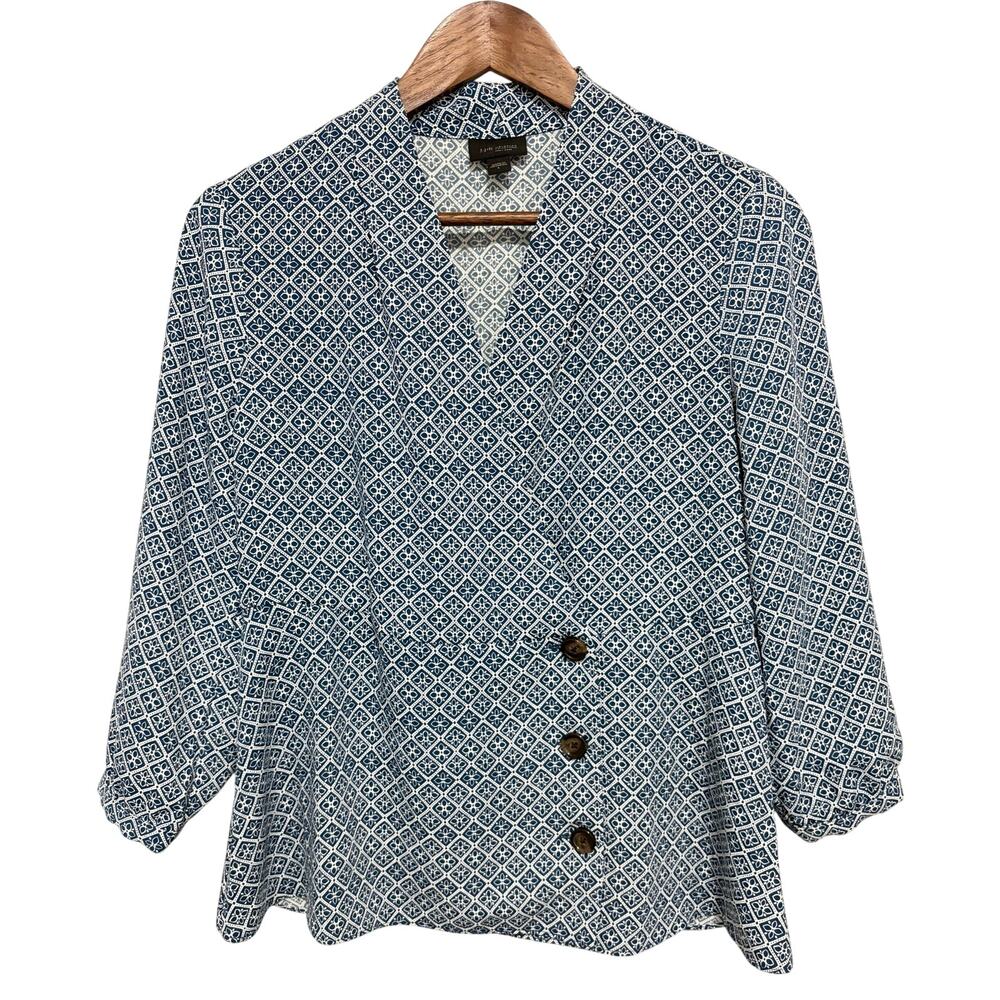 J Jill Wearever Blazer Small Blue White Geometric Print 3/4 Sleeve Jacket